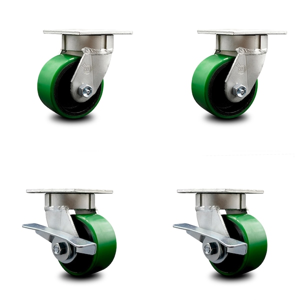 4 Inch Kingpinless Green Poly on Steel Wheel Swivel Caster Set with 2 Brakes SCC